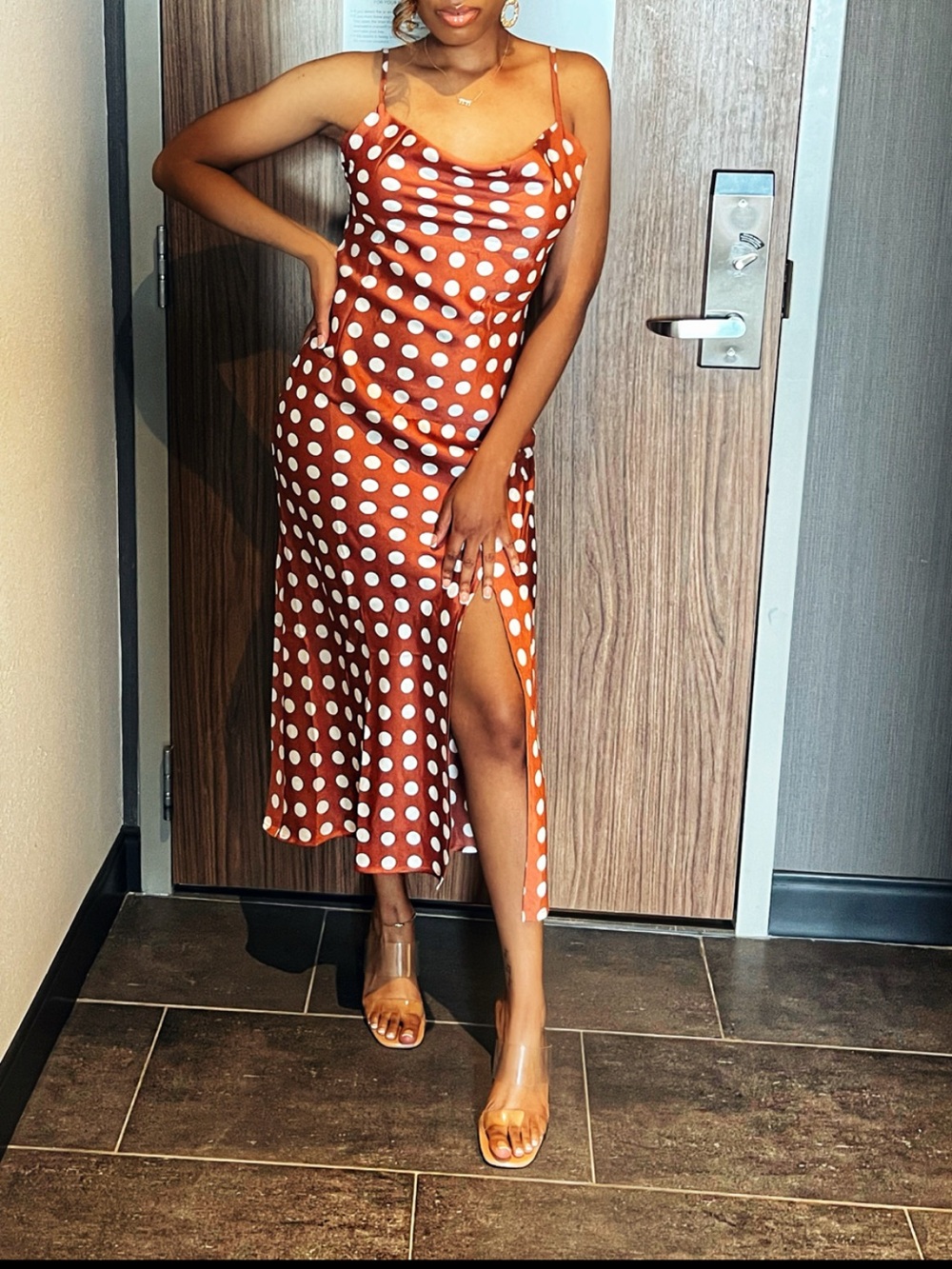 Rust Polka Dot Midi Slip Dress - White Dots